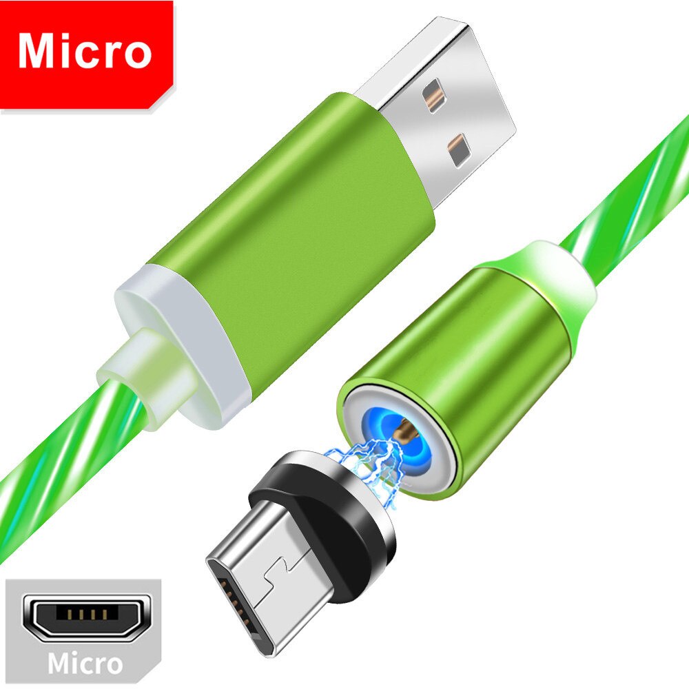 Magnetic luminous Micro usb Charge Cable For Samsung j3 Huawei Y7 Xiaomi Redmi 7 Meizu Asus Oppo 2 usb Fast Car Charger Honor 7A: Only 1M Green Cable