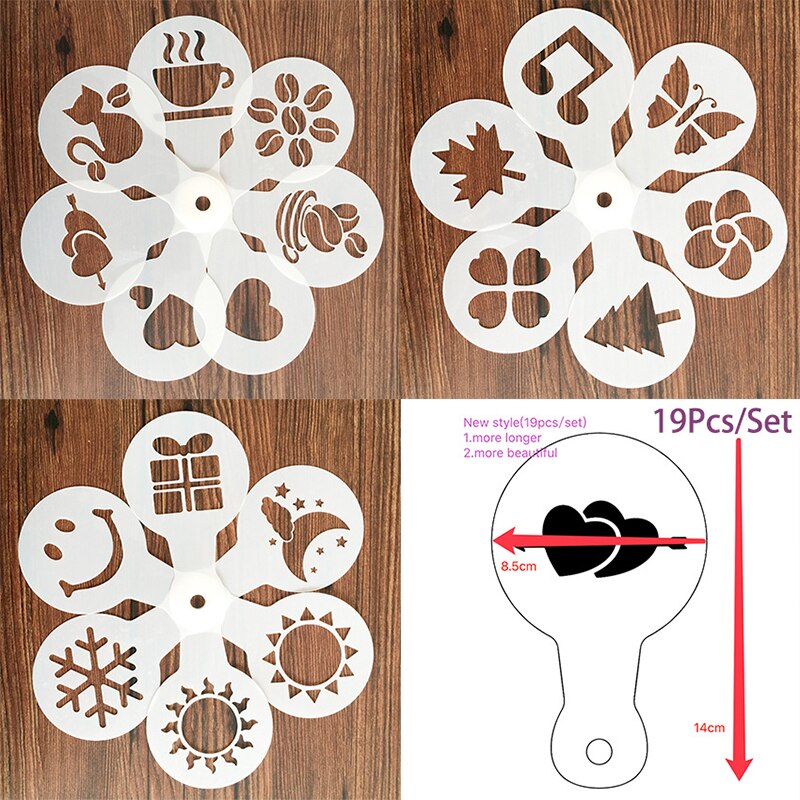 19pcs Coffee Stencils Fancy Coffee Printing Model Foam Spray Cake Stencils Coffee Drawing Cappuccino Mold Powdered Sieve Tools: Default Title