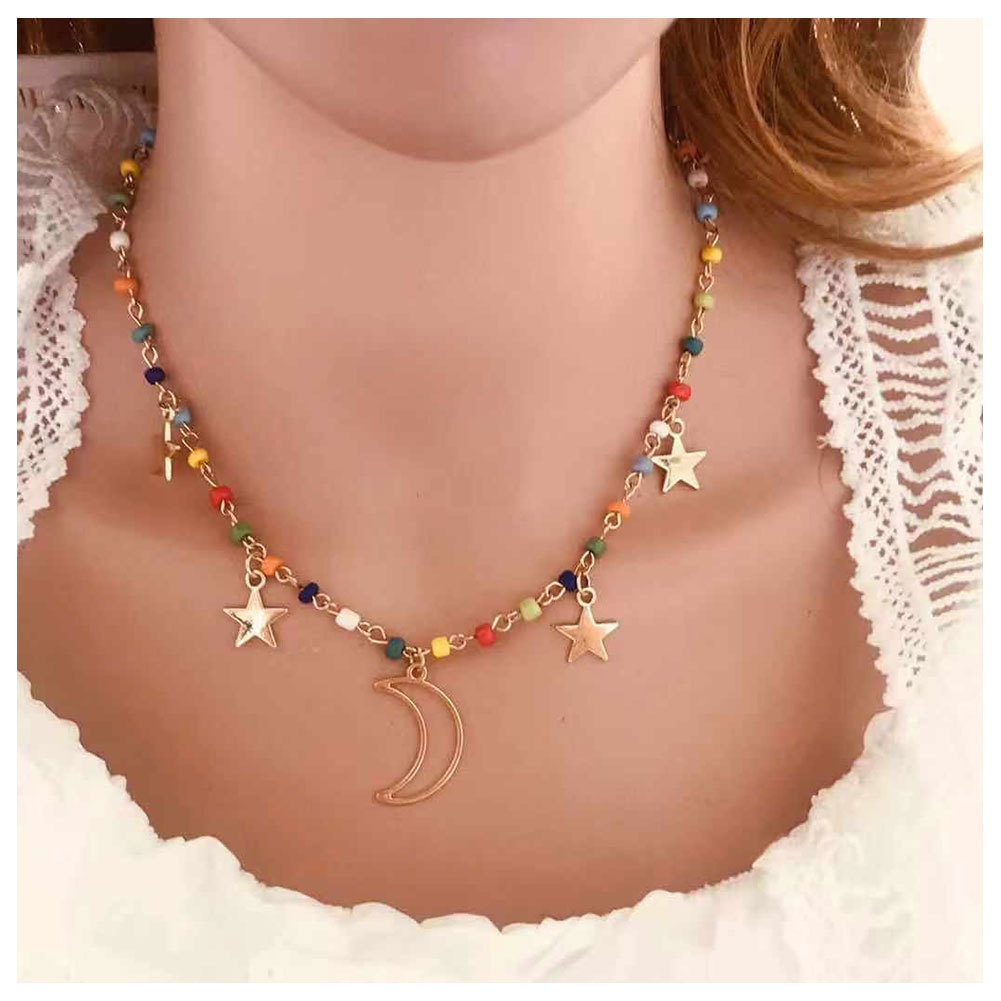 European and American classic jewelry simple personality Star color rice bead Moon Pendant Necklace female