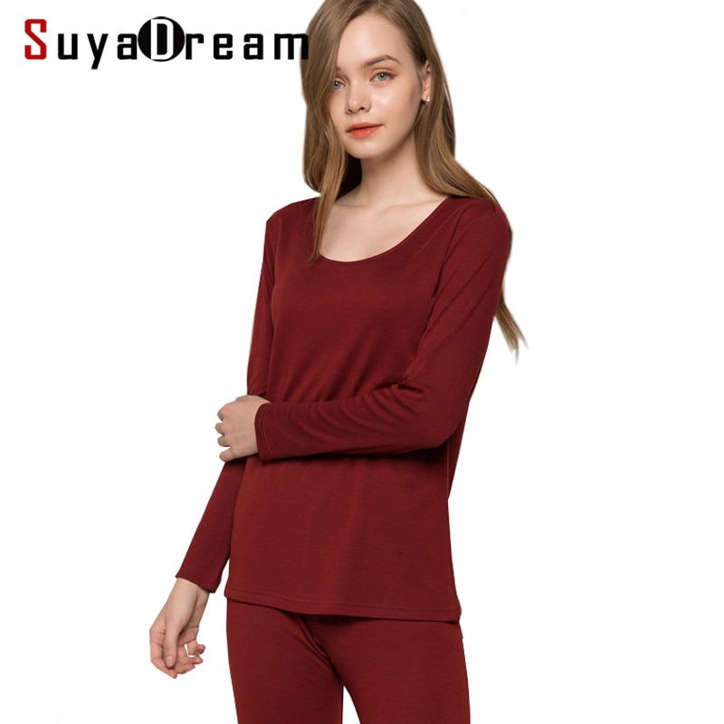 SuyaDream Frauen Lange Unterhosen 30% Natürliche seide 70% Wolle langarm Schlaf Tragen HERBST Winter NEUE Rosa Wein Unterwäsche