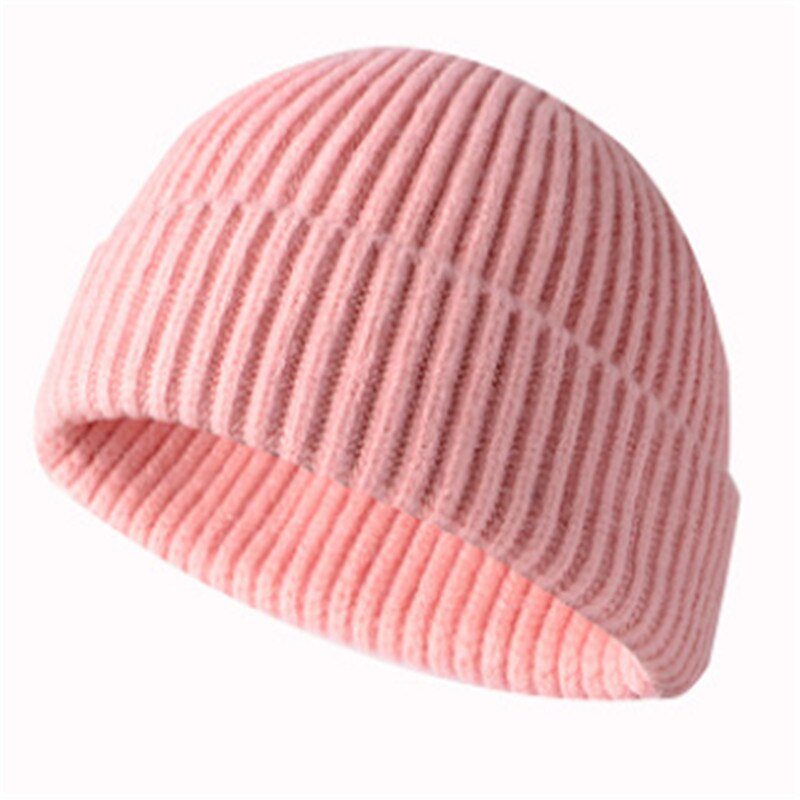 Mænd / kvinder vinterstrikket hat beanie skullcap sømand cap manchet brimless retro varm: Lyserød