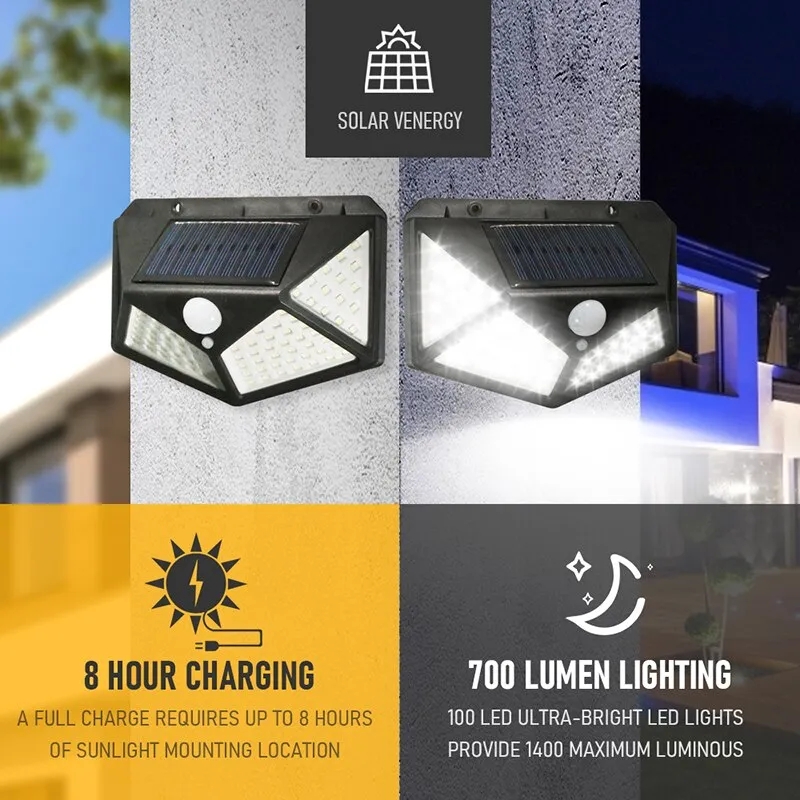 1/2/4/6/10 pièces 100 LED applique solaire 4 côtés lumineux avec capteur de mouvement extérieur jardin cour étanche applique murale