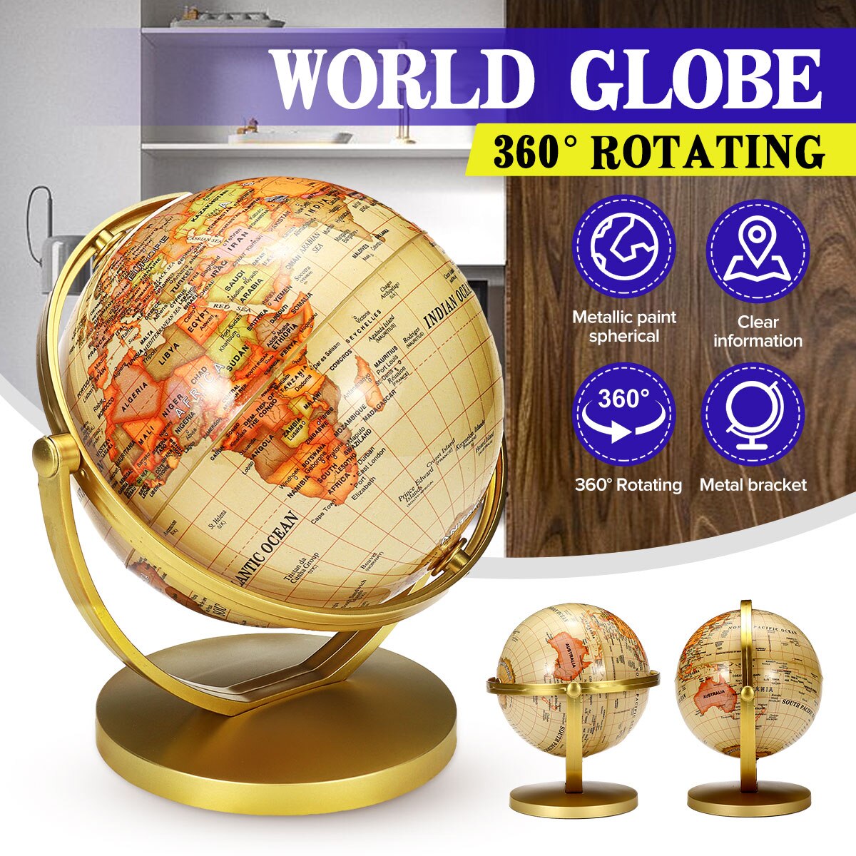 Globe Kaart Roterende Stand Wereld Aarde Globe Kaart School Geografie Educatief Kids Verkennen Home Decor