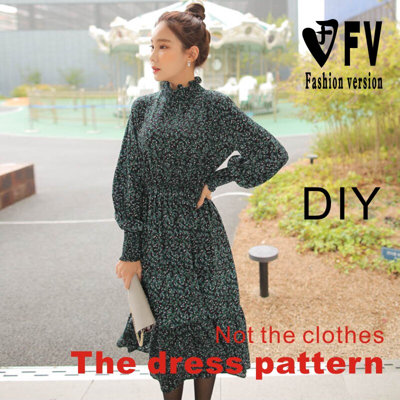 Long skirt pattern women's stand-up collar lantern sleeve dress pattern clothing cutting drawings BLQ-302
