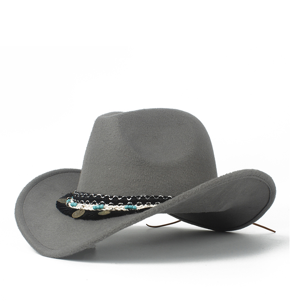 Kvinder western cowboy hat lady fascinator outblack cowgirl sombrero hombre jazz cap: Grå