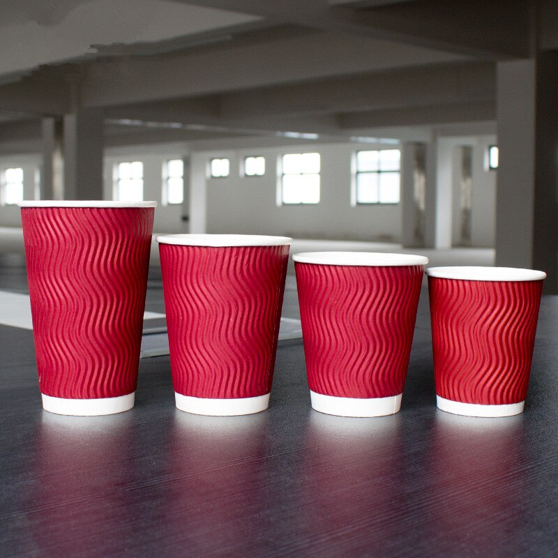 50Pcs Red Gegolfd Anti-Brandwonden Isolatie Dik Papier Cup 400Ml Wegwerp Koffie Sojamelk Drink Verpakking cups Met Deksel