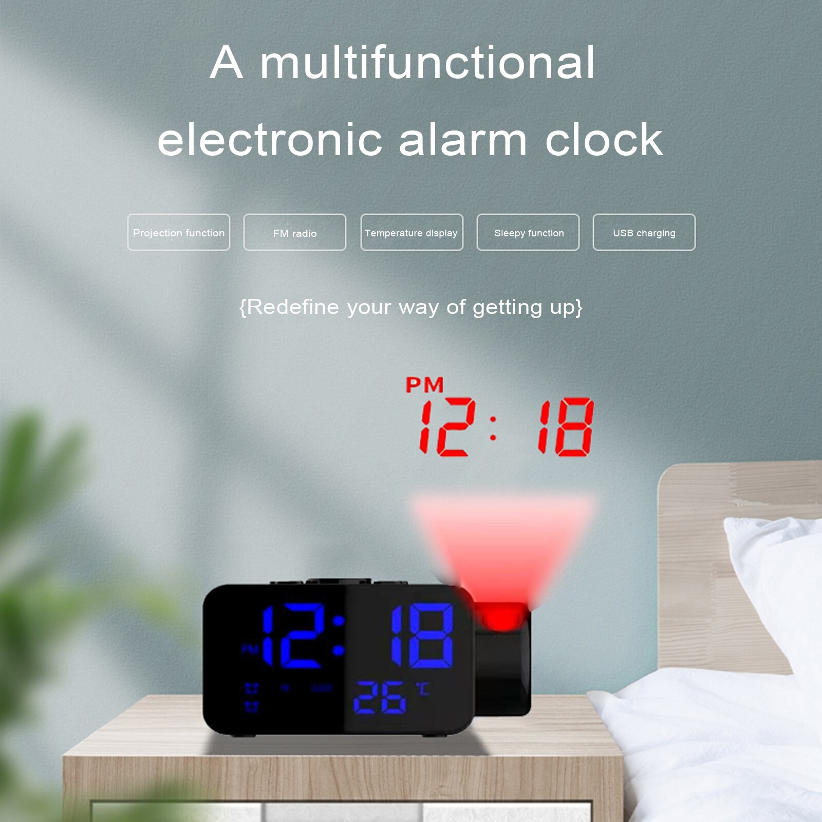 Smart Projection Alarm Clock with LED Inclined Screen FM Radio Solid Color Temperature Display USB Charging Clock