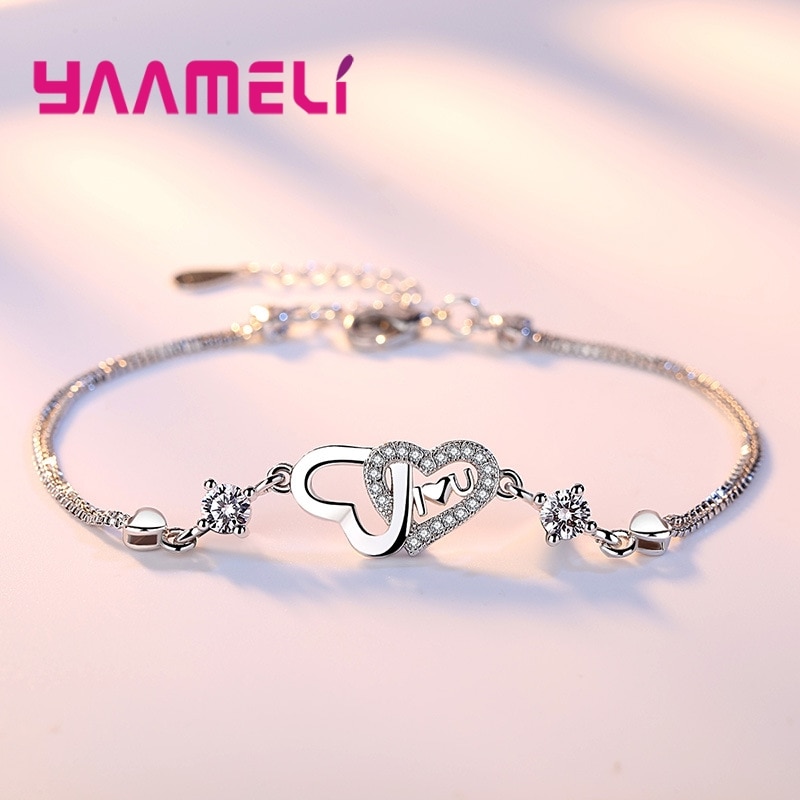 Bransoletka podwójne serce kształt fioletowy/biały nadmorski zbiorów festiwal ucztowanie noc biżuteria 925 szterling srebro dziewczyna: biały