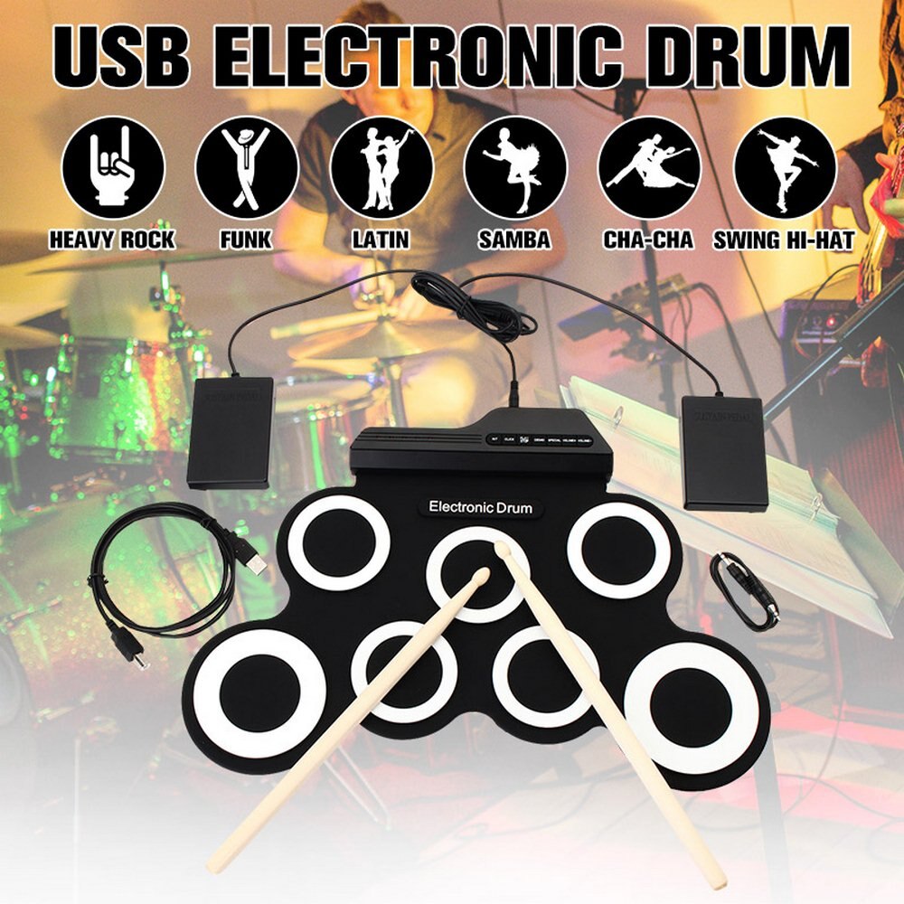 Bærbar elektronisk tromme digital usb 7 pads roll up trommesett silikon elektrisk tromme pad kit med trommestikker sustain pedal