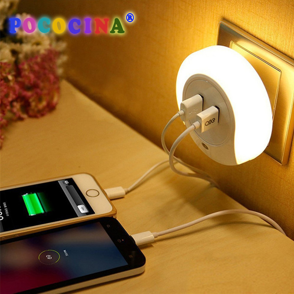 Ronde Auto Licht Sensor LED Nachtlampje Met 2 USB Opladen Socket Warm Wit Nachtlampje EU US Plug Charger voor Telefoon Tablet