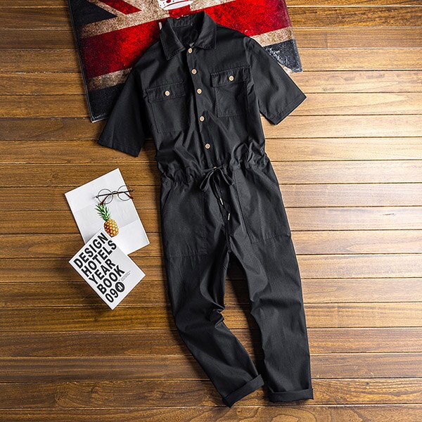 Sokotoo Men's short sleeve ankle length jumpsuits Casual loose pockets overalls Coveralls Black Yellow: Black / 31