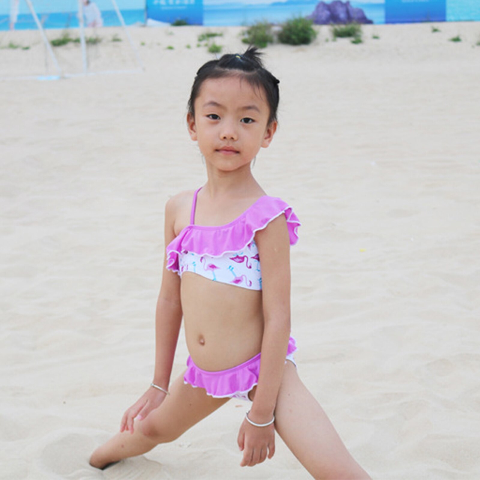 2-14 Years Baby Girl Swimsuit Kids Flamingo Cartoon Split Swimsuit Set Teenager Bikinis One Shoulder Girls Bathing Suit Ruffle