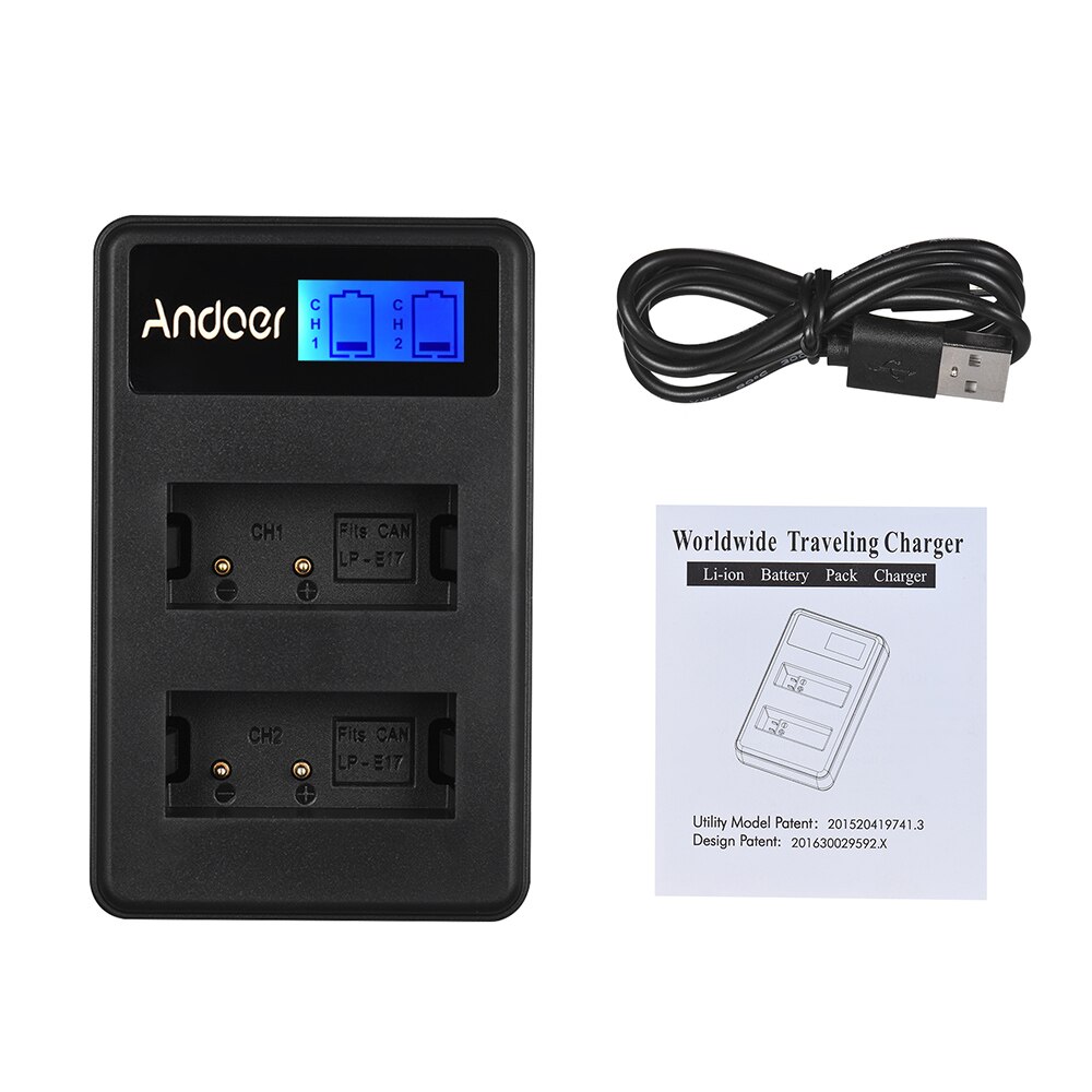 Andoer Compact Dual Channel LCD Camera Batterij Oplader USB Input voor Canon LP-E17 Camera Batterij voor Canon EOS M3 M5 m6 77D 800D