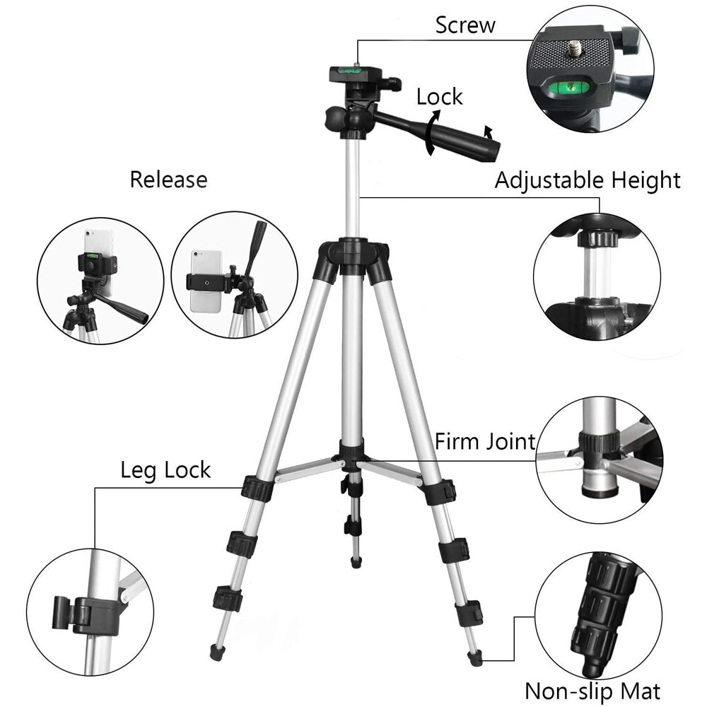 Aluminum lightweight portable camera tripod for smartphone camera go pro photography and video (65 cm / 102 cm / 134 cm)