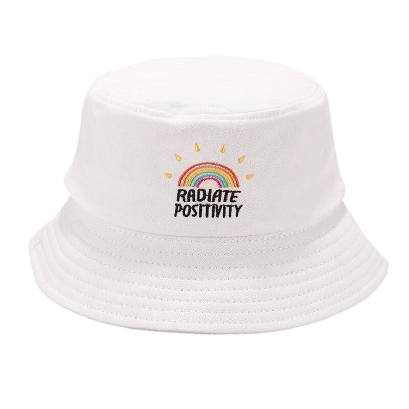 Women Girl Preppy Style Flat Top Bucket Hat Rainbow Letters Embroidery Candy Color Harajuku Hip Hop Student Summer Fisherman Cap: White
