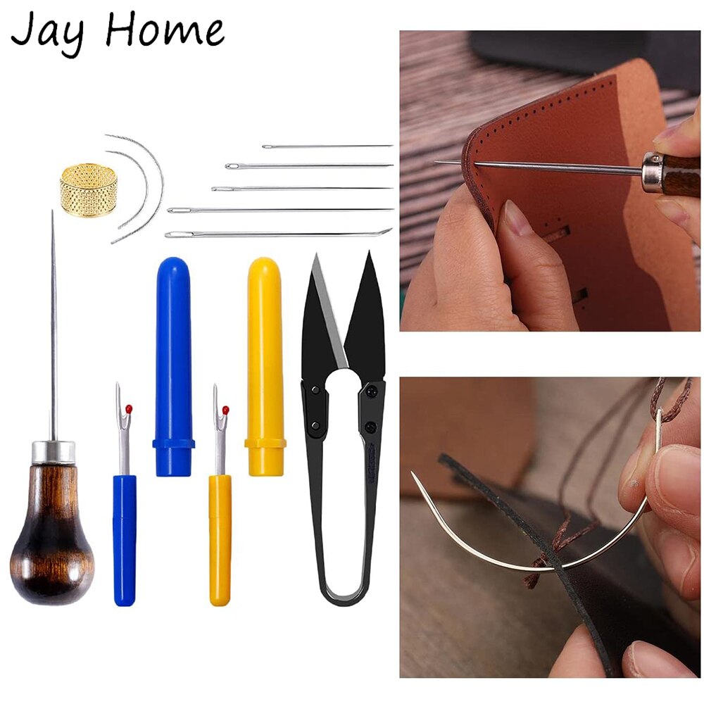 12Pcs Leather Sewing Tools Kit Curved Needles Gourd Awl Leathercraft U Scissors Seam Ripper for Quilting Repairing Stitching