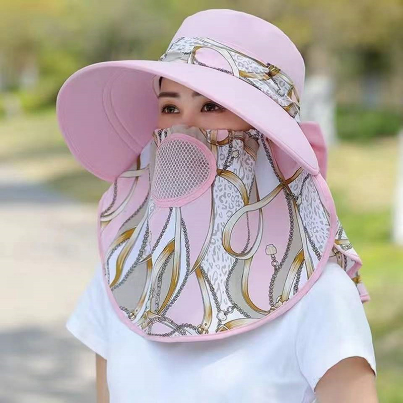 Sommer Frauen breite Krempe Gartenarbeit Schatten Hut Gesichts maske abnehmbare Sonnenhut Outdoor-Druck atmungsaktive Fischer Hut UV-Schutz: Rot
