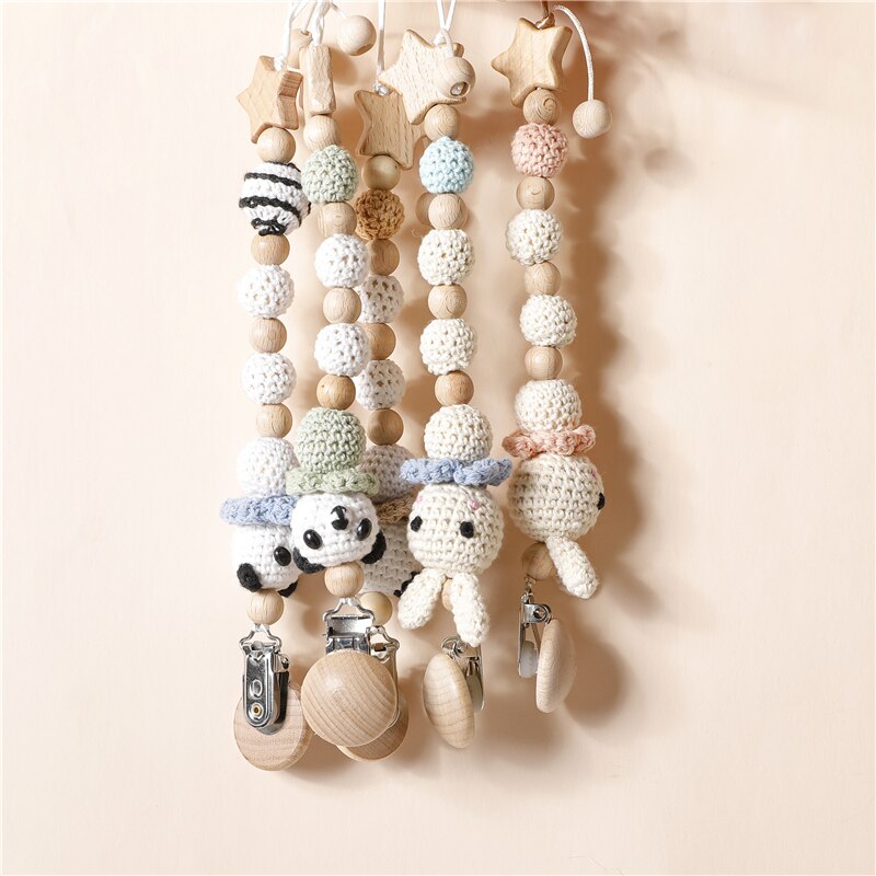 Rabbit Pacifier Chain Baby Teething Crochet panda Soother Holder Baby Teether Animal Newborn Baby Dummy Clips