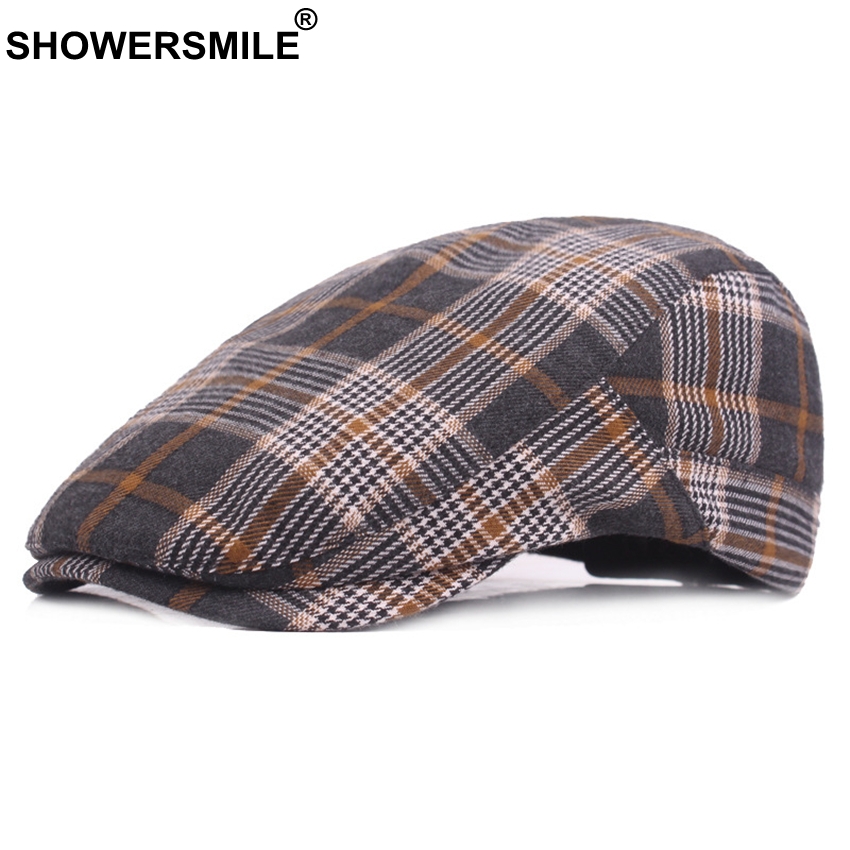 Showersmile röd rutig baskerhattar för män kvinnor rutiga platta kepsar bomullsbasker manlig klassisk brittisk stil vintage justerbara hattar