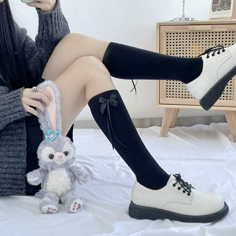 Lolita – chaussettes longues en coton avec nœud papillon pour femme, chaussettes à jambes hautes, blanc, noir, , 2022