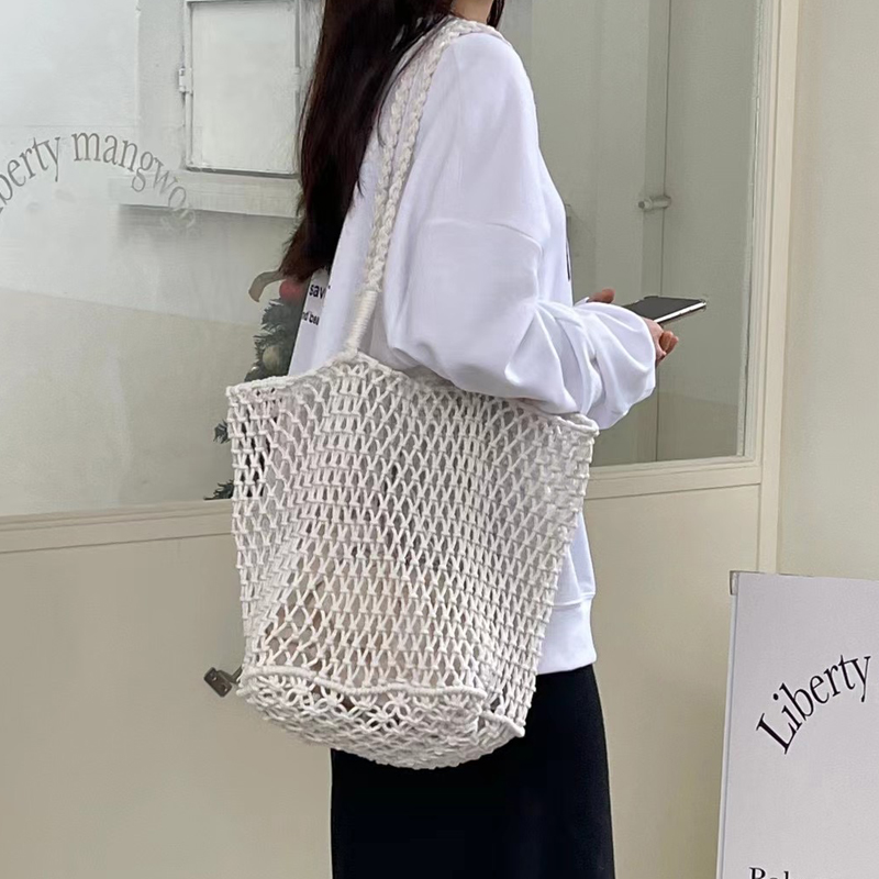 2022 Katoenen Draad Gebreide Vrouwen Handtassen Dames Netto Hollow Out Tote Vrouwen Geweven Schoudertas Strandtas Sets hele: Beige