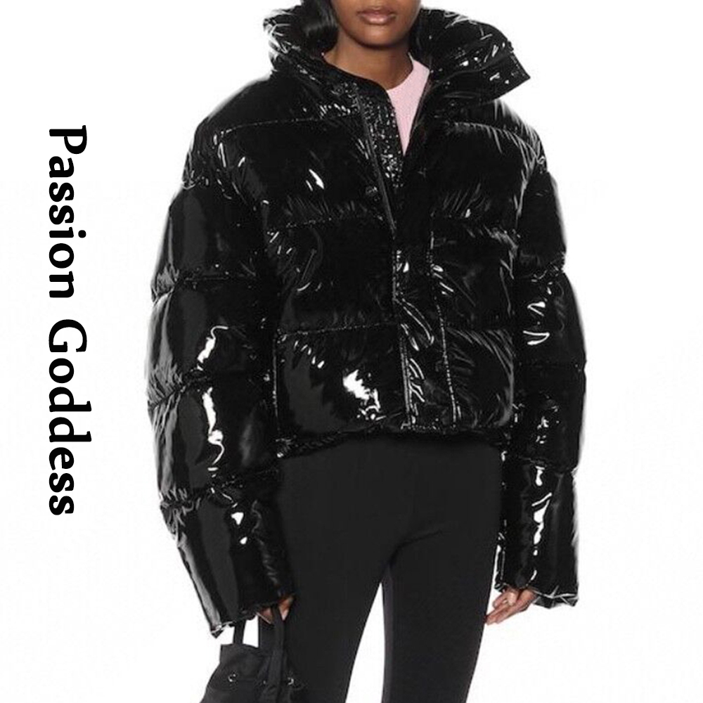 Vrouwen Winter Heldere Pu Puffer Jas Warme Dikke Bubble Jas Oversized Rits Glossy Lederen Down Parka Bovenkleding Leuke Roze Jas