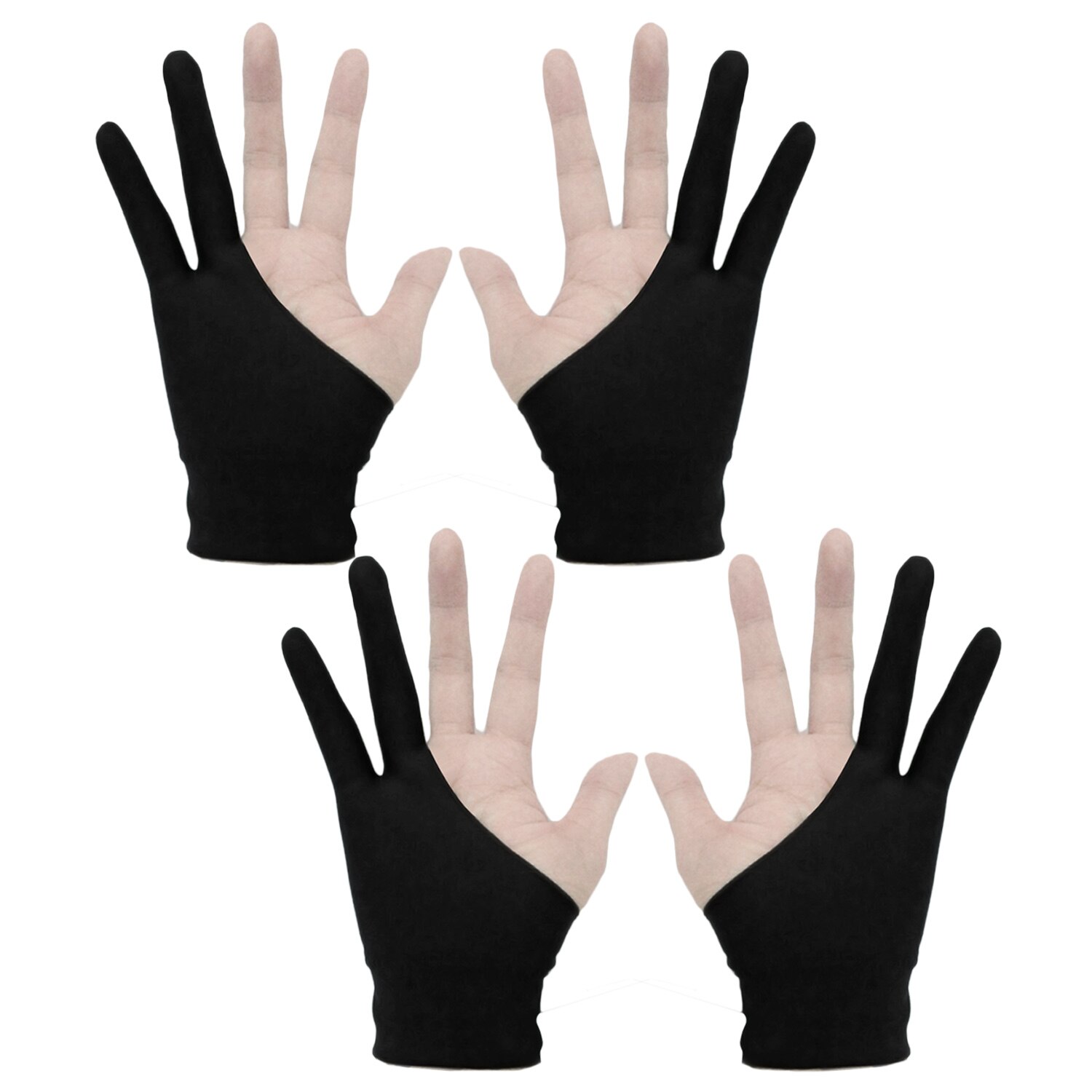 Gants de dessin à 2 doigts pour artiste , Anti-salissure pour tablette graphique, stylo de dessin, taille M, 4 pièces: Black