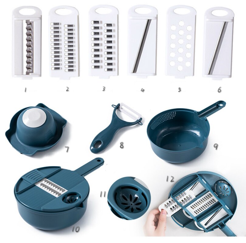 12Pcs Multi-function vegetable Cutter Potato Slicer Kitchen Household Slicer: blue