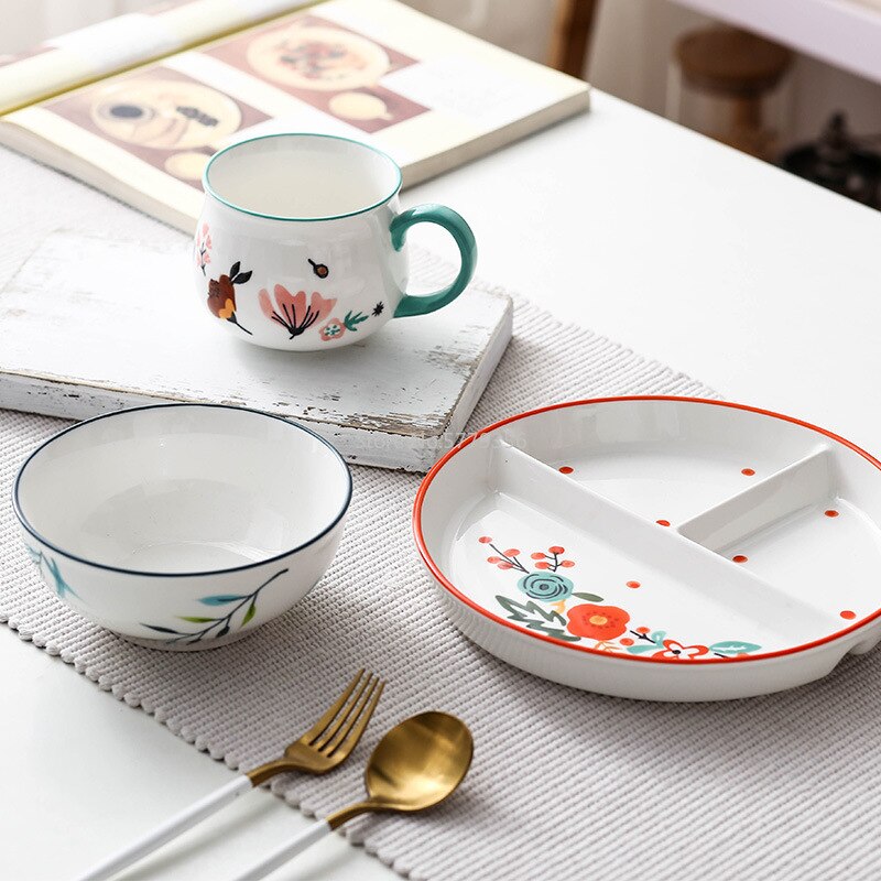 Ceramic Tableware Set Compartment Tray Children's Food Dispatch Disk Breakfast Plate Household Dinner Plates Separated Plate Set