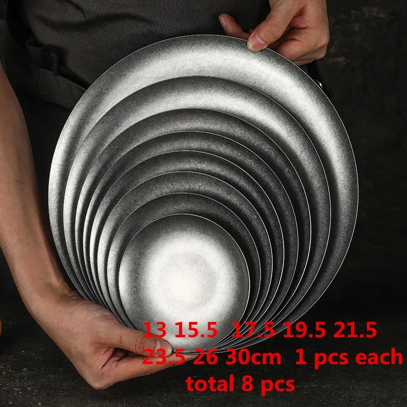 304 ronde vintage dessertbord Creatieve steak Pastaplaat Roestvrij staal Eettafel Taartbak Ondiepe borden set Japanse gerechten