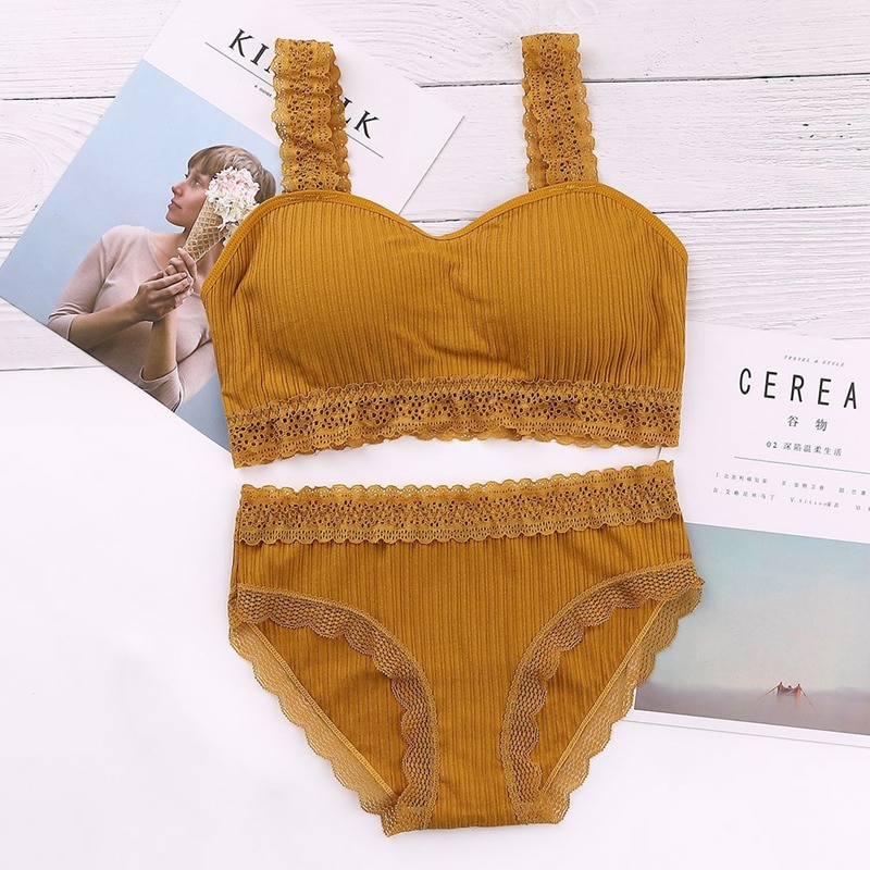 Seamless Bra Sets Women Breathable Tube Tops Lingeries Sexy Lace Bra Panties Set: Yellow