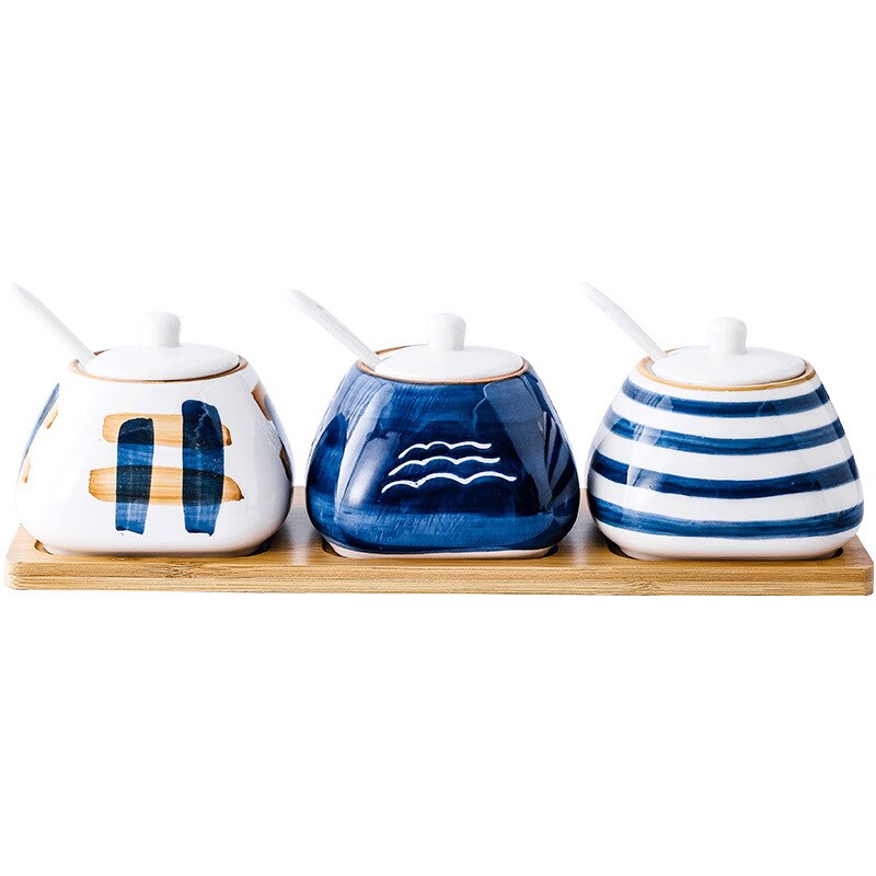 Juego de ollas de cerámica japonesas pintadas a mano, recipiente para condimentos de cocina, salero, caja de condimentos para el hogar
