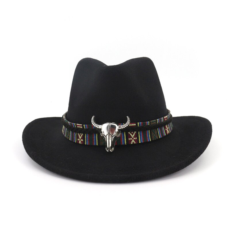 Qbhat unisex carnival cowboy hat rulleskygge uld filt fedora herre dame western hatte metal bullhead dekoreret trilby: Sort