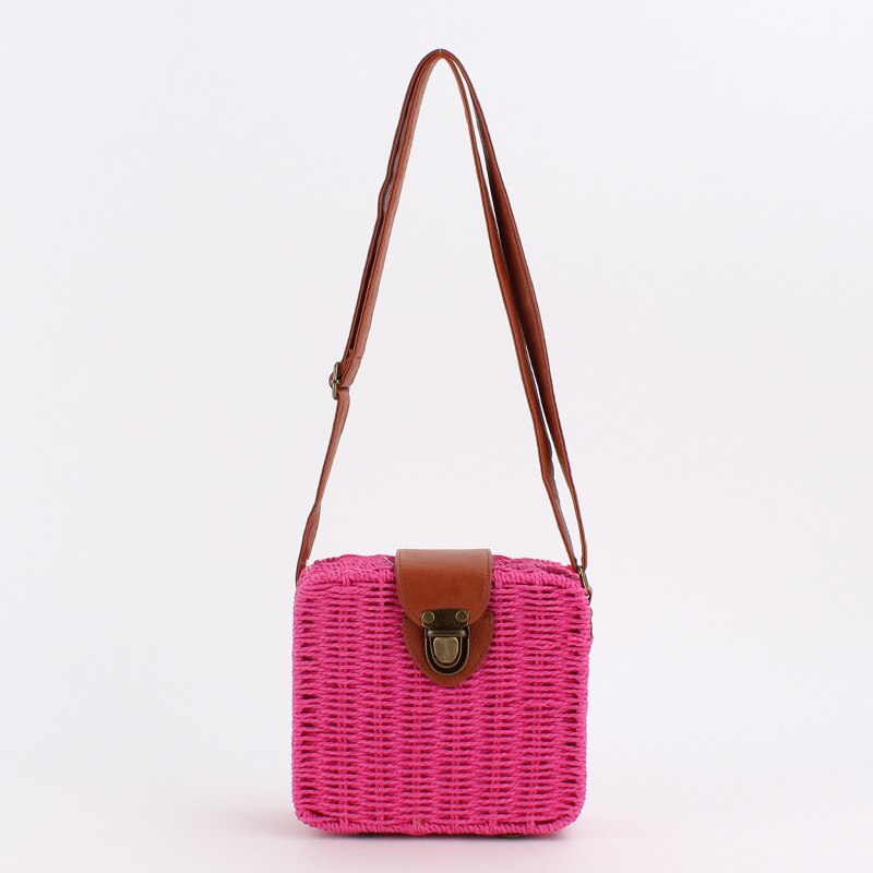 Caja informal de mimbre para mujer, bolso cruzado de mimbre de caramelo tejido para mujer, Bolso pequeño de playa para verano, bolso vintage con solapa bali: rose red