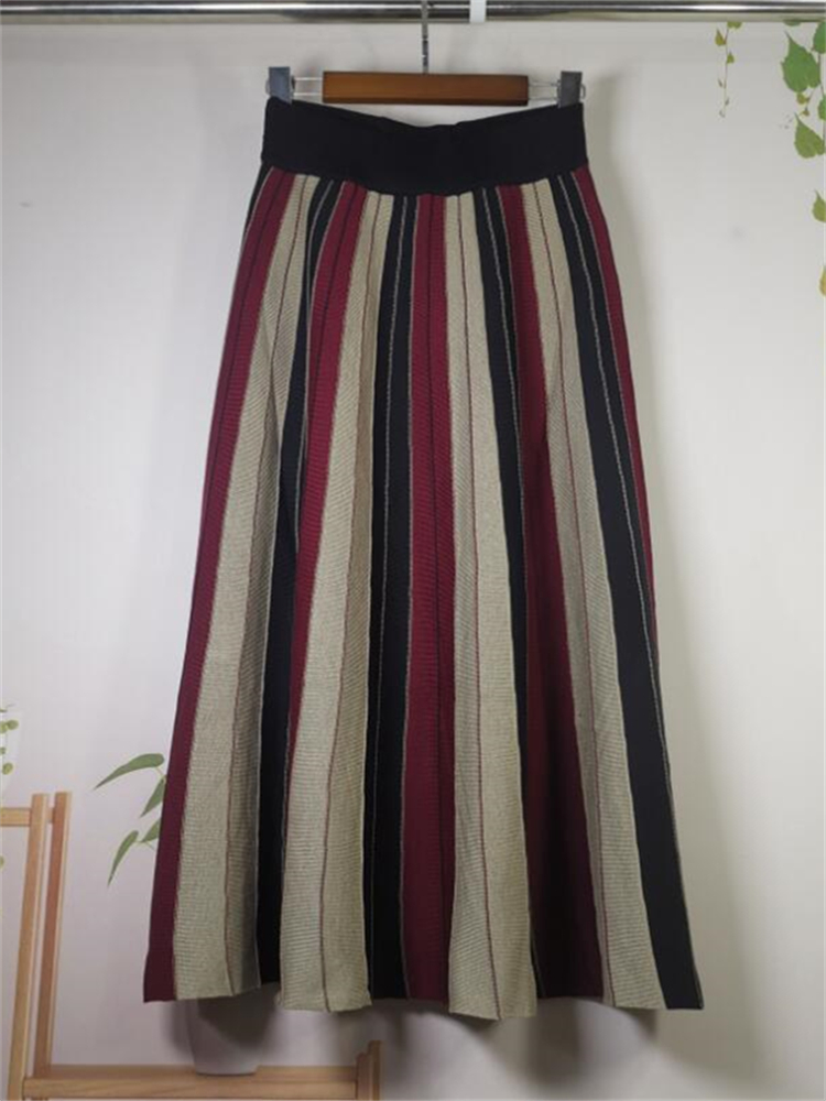 Höst vinter stickad kjol hög midja lång pennkjol kvinnor stickad avslappnad vintage maxikjol vintage varm tjock midi randig: Guld-