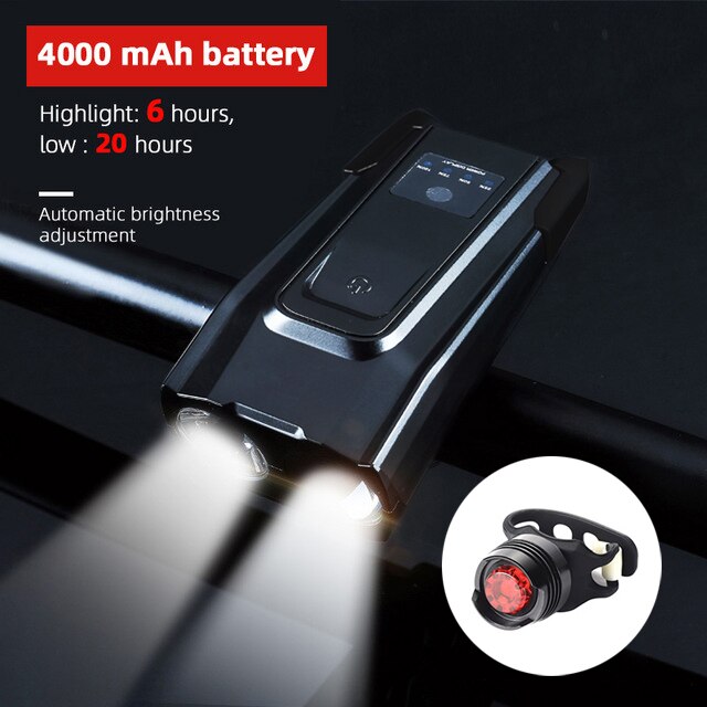 4000 mah induktion cykel forlygte sæt usb genopladelig smart forlygte med horn 800 lumen led cykel lampe cykel lommelygte: 4000 sort bagpå