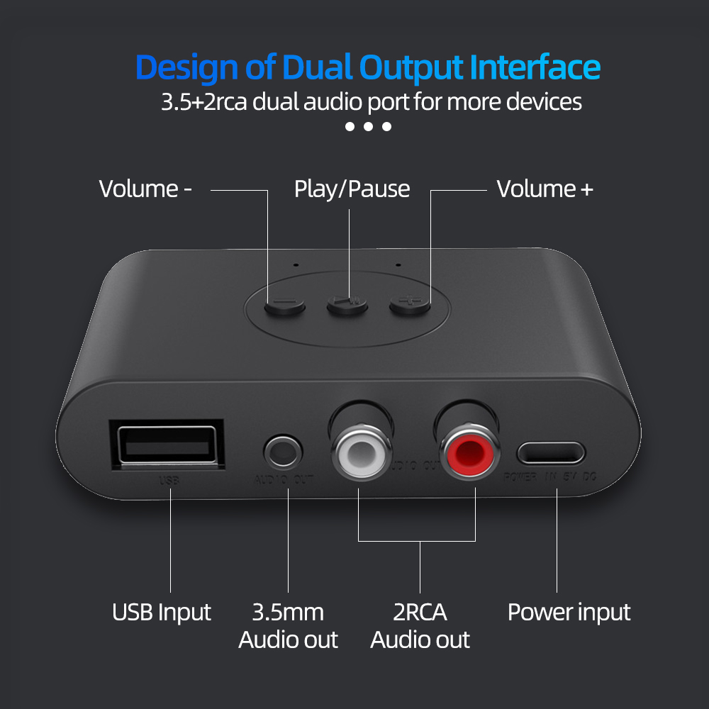 Receptor de Audio NFC Bluetooth 5,0, disco U de 3,5mm AUX RCA, adaptador inalámbrico de música estéreo USB con micrófono para Kit de coche, amplificador de altavoz