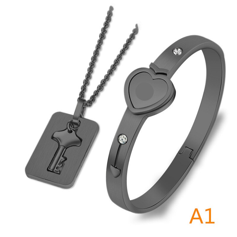 A Couple Lovers Jewelry Love Heart Lock Bracelet Stainless Steel Bracelets Bangles Key Pendant Necklace Jewelry: A1