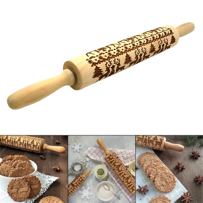 Kerst Embossing Rolling Pin Hout Rendier Gegraveerde Roller Koekjes Bakken Noodle Biscuit Fondant Taart Deeg Gegraveerde Roller