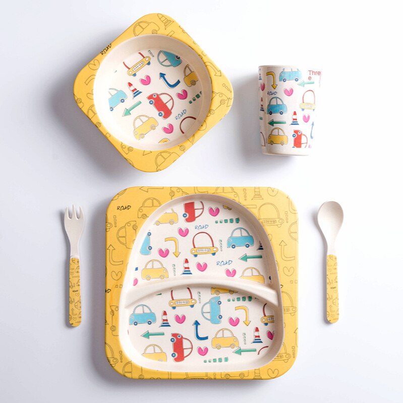 Bamboo Fiber Children&#39;s Tableware Set Baby Cartoon Rice Bowl Fork Spoon Children&#39;s Meal Partitioned Baby Dinner Plate