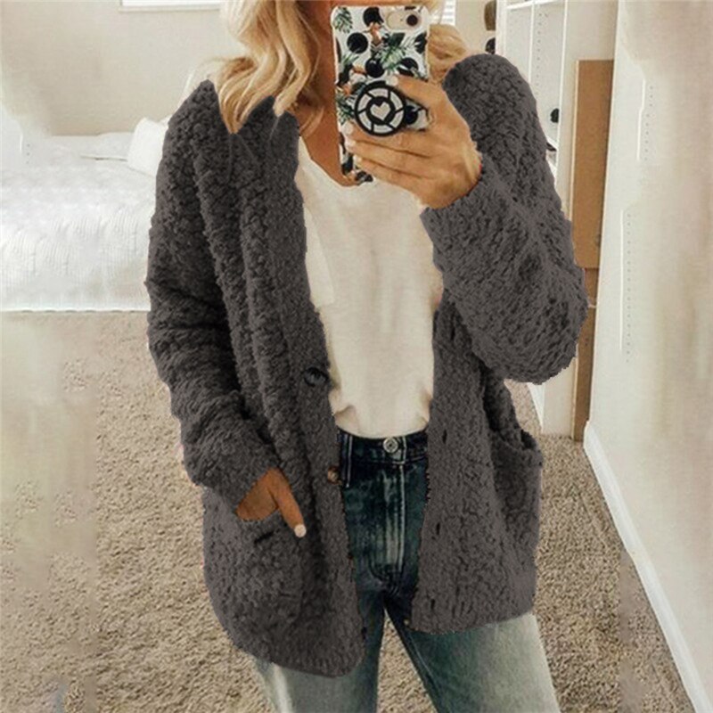 S-2XL grande taille automne hiver cardigans pour femmes décontracté poche épais ample en peluche polaire hauts femme: L / Dark grey