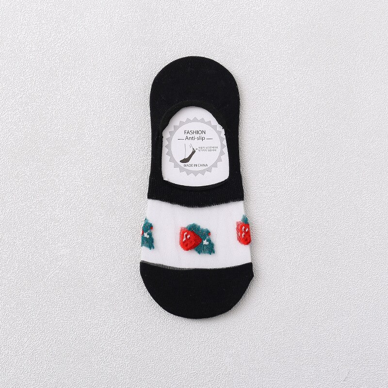 Crystal Silk Woman Socks Silicone Non-slip Invisible No Show Socks Fruit Print Summer Thin Breathable Low Cut Ankle Boat Socks: Black