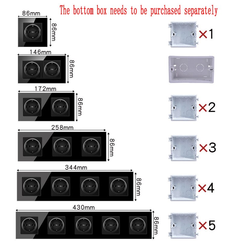 16A Porous conjoined power socket, socket panel, three-layer power socket without plug, crystal tempered glass AC110-250V