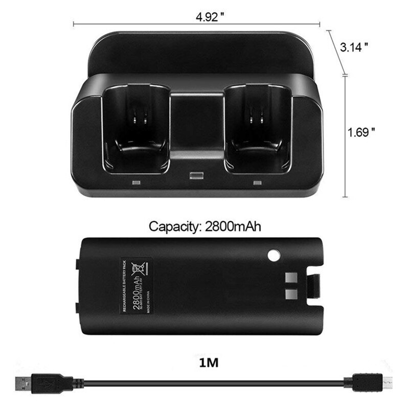 Chargeur Wii U, Station de recharge Wii support de quai Wii pour télécommande Wii et manette Wii U, 2 pièces Batteries 2800MAh et cordon de charge-B
