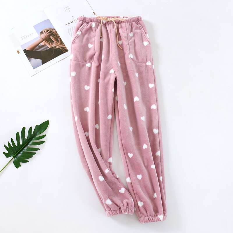 Winter Pants Women Flannel Home Clothes Pink Star Printed Trousers Wide Leg Sweet Pajama Pants Large Size Thicken Warm Sleepwear: Asian Size XL