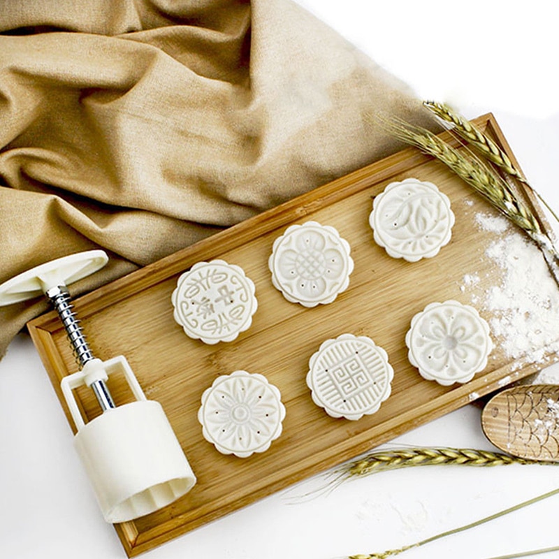 Jx-lclyl 50g ronde bloemmaancakevorm 6 stempels maancakedecoratie bakgereedschap