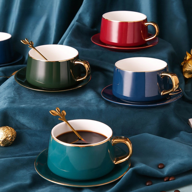 Pair of ceramic coffee cups and saucers, set of single european mugs, cups with spoons and lids, espresso cups, espresso cups, tazas