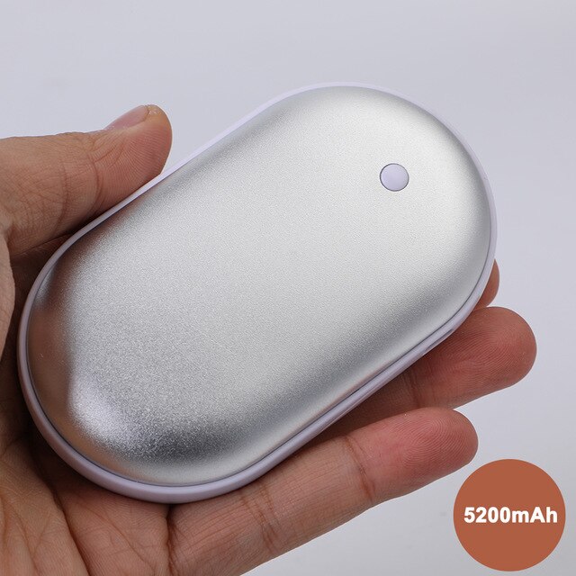 Calentador de manos eléctrico recargable por USB de 5200mAh, calentador de doble cara de invierno, Mini cargador de bolsillo de larga duración de 5V, calentador de manos 2 en 1: Silver