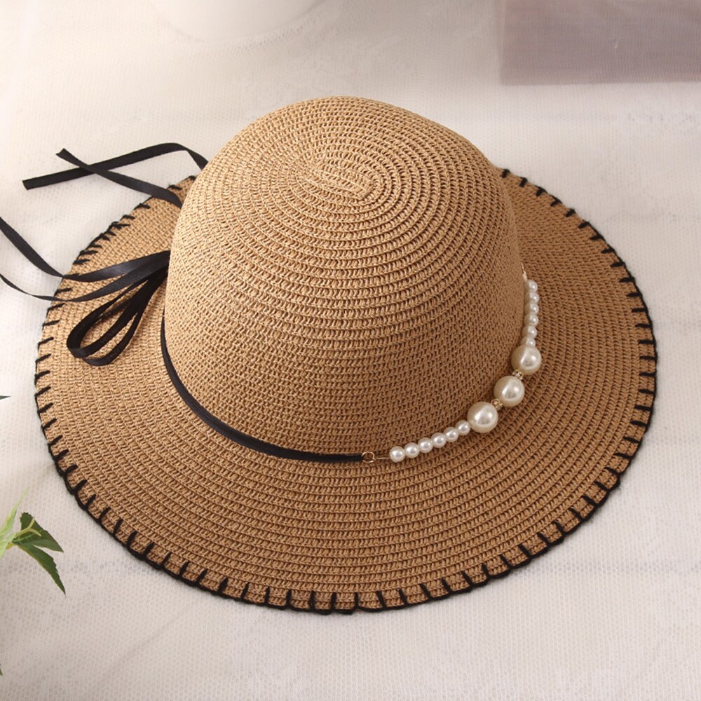 zomer Mode Zomer vrouwen Opvouwbare Wide Brim Grote Elegante Parel Strand Zonnehoed Stro Strand Cap Voor dames Meisjes: 5