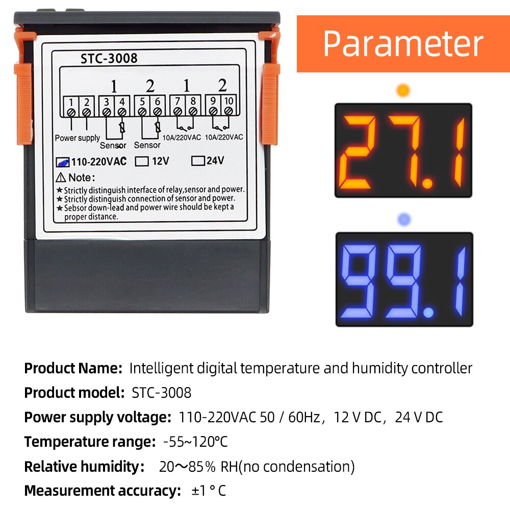 Controlador de temperatura Digital Dual STC-3008, termostato termorregulador de salida de dos relés con refrigerador de calentador, 12V, 24V, 110-220V